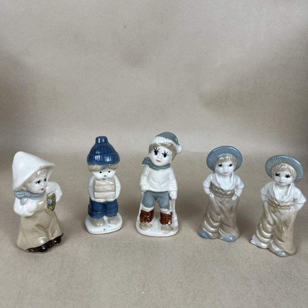 5 VTG Ceramic Children Boys/ Girls Figurines Early American Outfits 1950s 3.75”